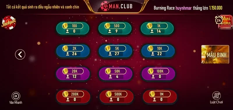 12 phòng chơi mậu binh Man Club bạc thủ có thể chọn